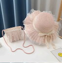 レースがかわいい!プリンセスサンハットとポシェットの2個セット(ピンク) キッズ帽子 麦わら帽子 ストローハット 子供用ハット サマーセット 女の子 海 アウトドア キャンプ 旅行 ビーチ