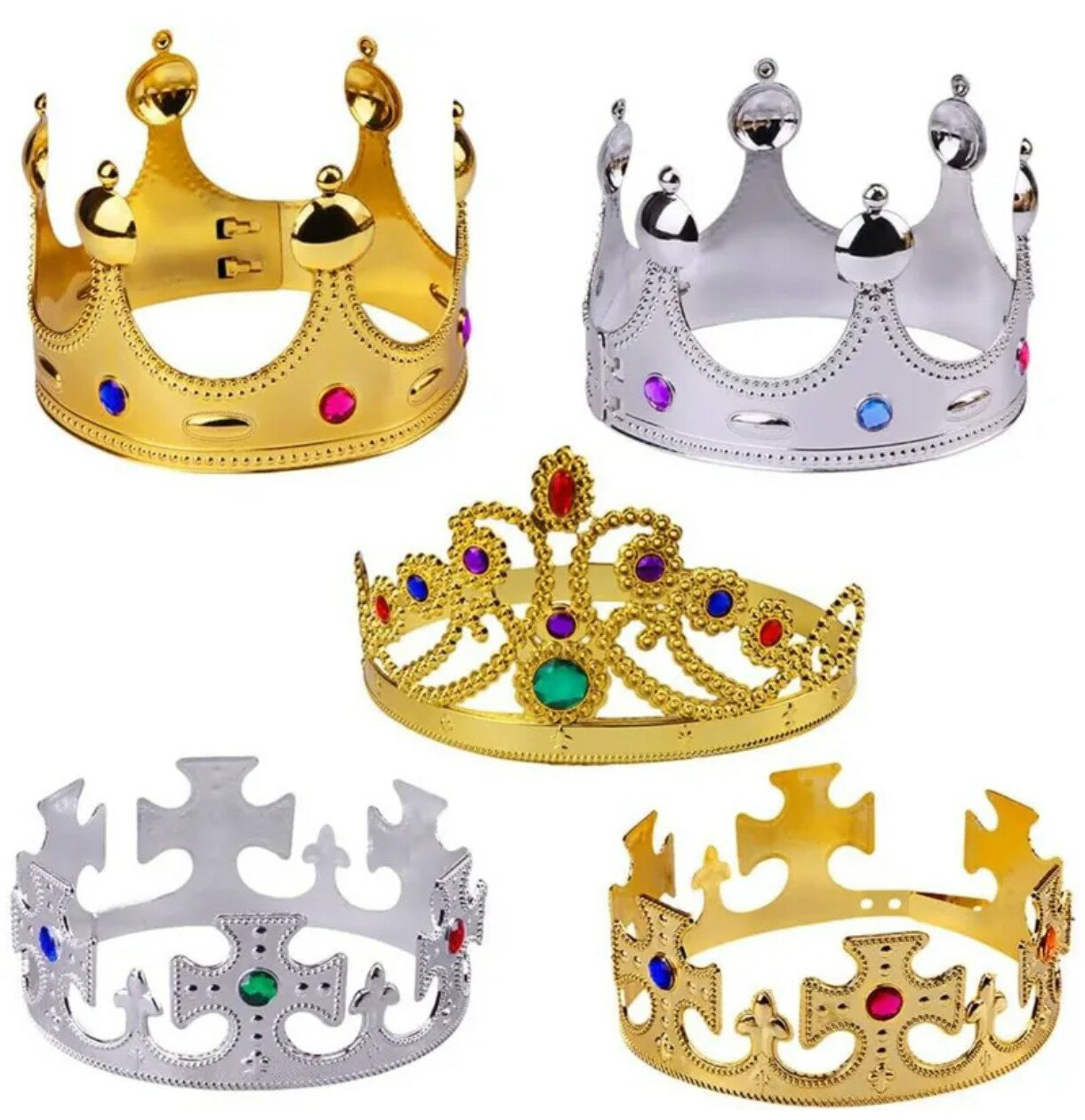 5種類・プラスティック素材のゴールドとシルバーのキングクラウン 王冠 戦士 勇者 王様 冠 コスプレ ハロウィン なりきり ゲームキャラ 幼稚園 保育園 発表会 キング＆クイーン ロールプレイ 軽量 組み立てるクラウン