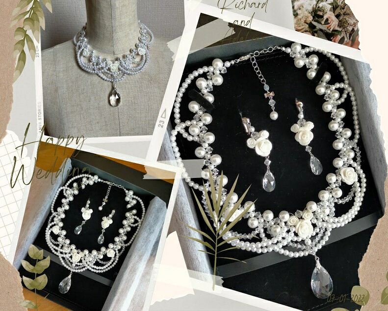 薔薇でミッキープリンセスネックレスとピアスかイヤリングのセット(ペアシェイプ) 完成品 お姫様 ディズニー 手作りビーズ ハンドメイド ローズネックレス ビーズ...