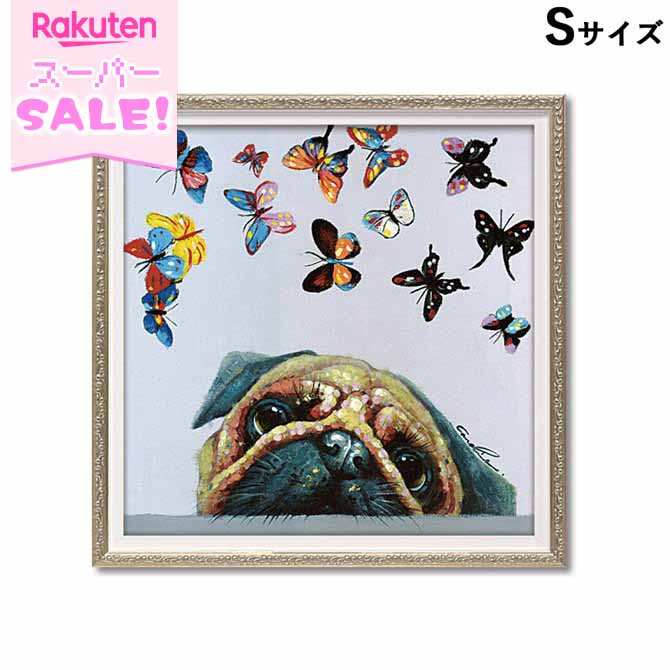 ＼スーパーSALE／ [968円OFF!] 絵画 額アンティーク ハンドペイント かわいい おしゃれ 犬 ブルドッグ オイル ペイント アート(Sサイズ)「バタフライ ブル」ヨーロピアン ロココ 姫系