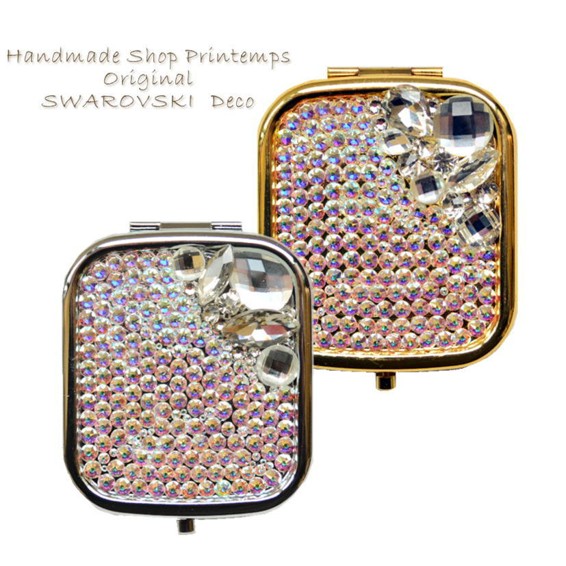 SWAROVSKI ビジュースクエア型 プッシュボタン コンパクトミラー ギフトラッピング無料