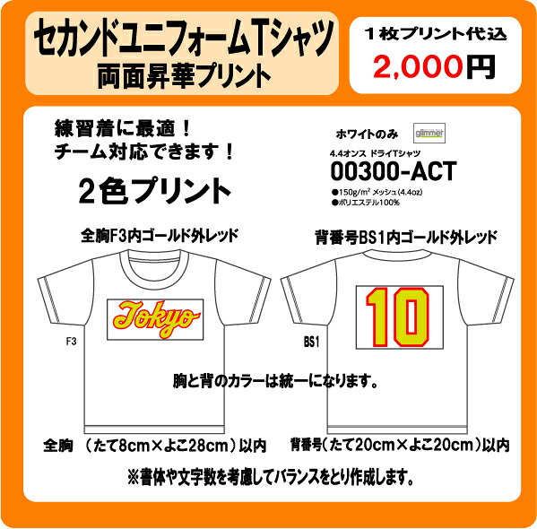セカンドユニフォーム　Tシャツ　胸チーム名　背番号　2色　昇華プリント