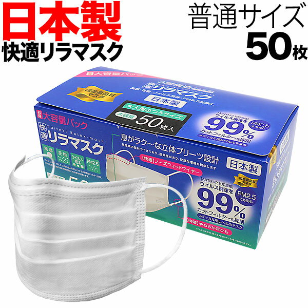 ポイント増量中 日テレZIP テレ東WBSで紹介 日本製 国産サージカルマスク 全国マスク工業会 快適リラマスク 3層フィルター 不織布 使い捨て 50枚入 普通サイズ