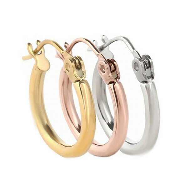 素材：サージカルステンレス 外径：約15.00mm ポスト：0.7mm パイプ部：約2φ 重量：約0.7g(片側のみ) アレルギーに強いサージカルステンレスを使ったシンプルなフープピアス。 気分に合わせて3カラー、3サイズからお選びいただけます。こちらは15mmサイズです。その他のサイズはこちら↓をご覧下さい。 18mm 15mm 12mm 別売りの誕生石チャームを組み合わせてみてもステキ！ （チャームを通す際、丸カンが必要です） この商品は両耳用2個ペアです。 メーカー取り寄せ商品のため2〜4営業日入荷までお時間がかかります。