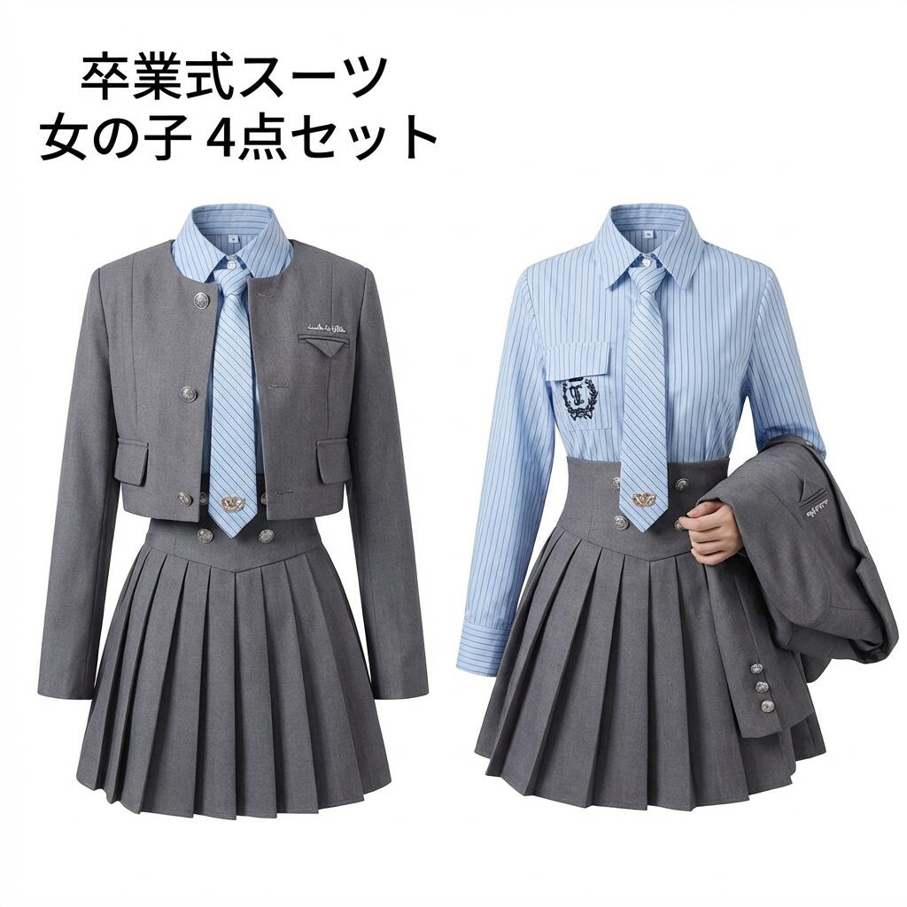 Rakuten - 卒業式スーツ 女の子 4点セット ジャケット スカート シャツ ネクタイ グレー 韓国風制服風 ピアノ発表会用 中学受験 高校生 入学式 結婚式 フォーマル ジュニアスーツ 子供スーツ
