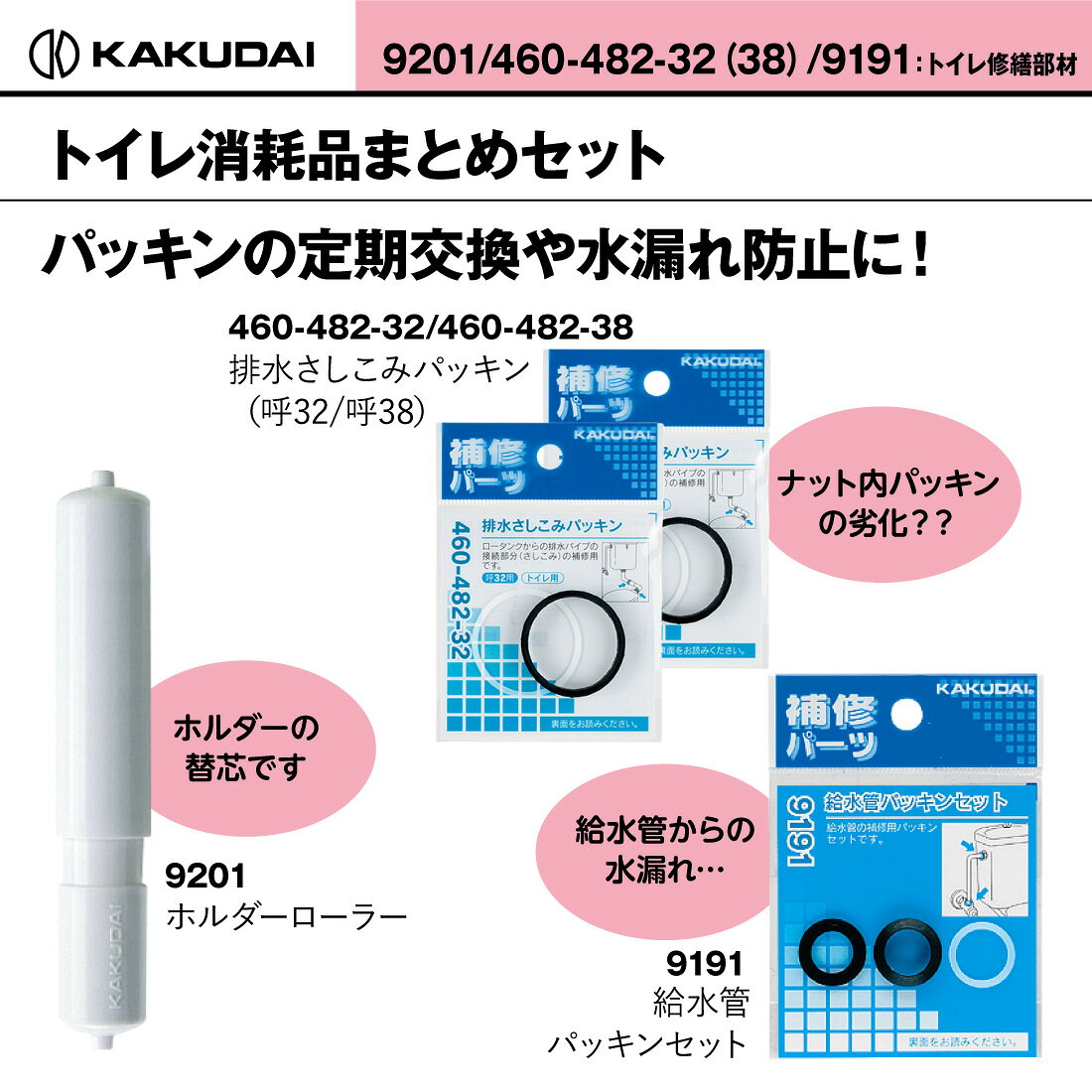 電材・作業工具のプロポチの【取寄品】 プロが選んだトイレ消耗品セット 460-482-32/460-482-38/排水さしこみパッキン（呼32/呼38） 9191/給水管パッキンセット 9201/ホルダーローラー カクダイ/KAKUDAI｜アングル2