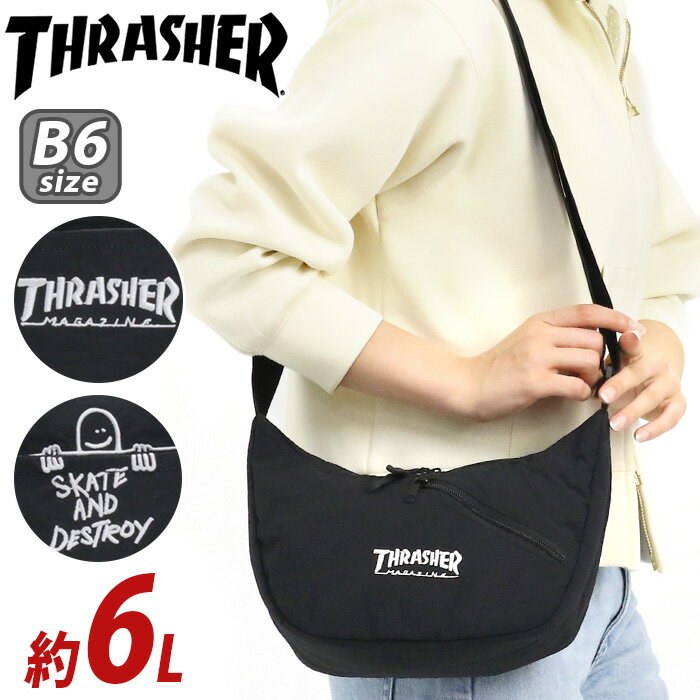 THRASHER スラッシャー ショルダーバッグ 肩掛け 斜め掛け メンズ バッグ 男子 女子 B6 6L 軽量 横型 コンパクト 人気 ロゴ カジュアル シンプル おしゃれ 黒 学生 大人 街用 日常使い ワッシャーナイロン BACKSLASH SHOULDER VJTH-0024