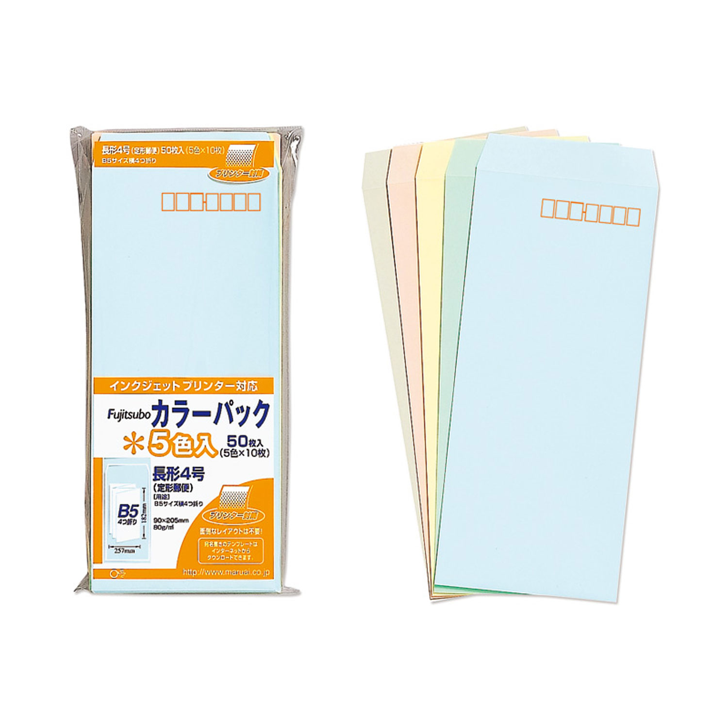 B5サイズ横4つ折りに最適な5色(ウスミズ、ウグイス、クリーム、ピンク、グレー)入カラー封筒です。ビジネスにもパーソナルにもご利用いただける安心のスタンダードタイプ。郵便枠印刷あり。裏面センター貼り。定形郵便。50枚(5色×各10枚)入。長辺×短辺×高さ：226×101×19mm重量：80gサイズ：長40商品コード00343147メーカー名マルアイ重量80.00g種別本体のみ関連商品(バラ)カラーパック 長4 80G 色込 1点関連商品(ケース)カラーパック 長4 80G 色込 10点・注意事項：モニターの発色によって色が異なって見える場合がございます。・領収書については、楽天お客様マイページから、商品出荷後にお客様自身で印刷して頂きますようお願い申し上げます。・本店では一つの注文に対して、複数の送り先を指定することができません。お手数おかけしますが、注文を分けていただきます様お願い致します。・支払い方法で前払いを指定されて、支払いまで日数が空く場合、商品が廃番もしくは欠品になる恐れがございます。ご了承ください。・注文が重なった場合、発送予定日が遅れる可能性がございます。ご了承ください。・お急ぎの場合はなるべく支払い方法で前払い以外を選択いただきます様お願い致します。支払い時期によっては希望納期に間に合わない場合がございます。