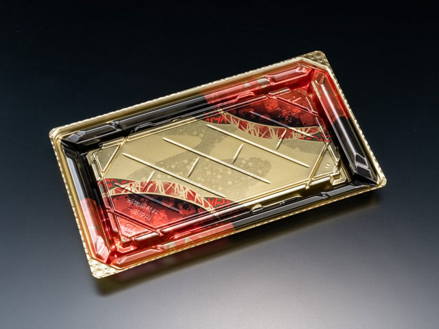 盛り付け目安：お寿司10貫。別売りの蓋はスマート嵌合(※嵌合部の内側に壁がある独自の設計)で外れにくく、お寿司の渇きが従来の容器の4分の1に低減。蓋は別売り。サイズ：248×142×24mm材質：バイオマスプラ重量：21g商品コード0062...