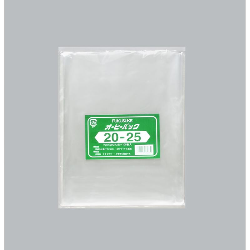 透明性に優れたOPP製です。使い勝手も色々です。サイズ：250×200mm、[厚み]30μ材質：OPP重量：270g原産国：日本商品コード00107465メーカー名福助工業サイズ250×200mm、[厚み]30μ材質OPP重量270.00g関連商品(ケース)オーピーパック No.20-25 100枚入 10枚・注意事項：モニターの発色によって色が異なって見える場合がございます。・領収書については、楽天お客様マイページから、商品出荷後にお客様自身で印刷して頂きますようお願い申し上げます。・本店では一つの注文に対して、複数の送り先を指定することができません。お手数おかけしますが、注文を分けていただきます様お願い致します。・支払い方法で前払いを指定されて、支払いまで日数が空く場合、商品が廃番もしくは欠品になる恐れがございます。ご了承ください。・注文が重なった場合、発送予定日が遅れる可能性がございます。ご了承ください。・お急ぎの場合はなるべく支払い方法で前払い以外を選択いただきます様お願い致します。支払い時期によっては希望納期に間に合わない場合がございます。