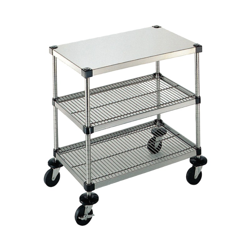 ポール高さ767mm・奥行610mm。φ125mmゴムキャスター使用。自在×3・ストッパー付×1。サイズ：610×900×H937mm材質：18-0ステンレス品番：143334商品コード00501546サイズ610×900×H937mm材質...