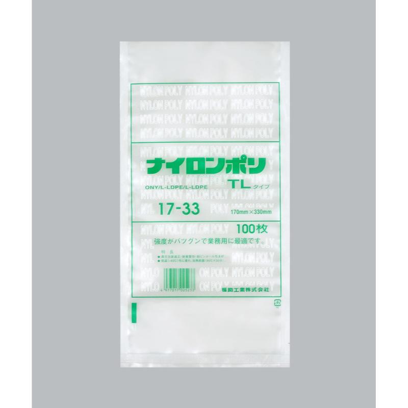 -40℃から95℃×30分ボイル殺菌まで対応。衝撃強度・突刺強度・耐寒性に優れます。開封しやすいV型ノッチ加工済。※専用袋が必要な真空機には利用出来ません。対応の商品は、必ずご利用の真空機メーカー等に確認をお願いします。サイズ：330×170mm、[厚み]70μ材質：ONY15/L-LDPE25/L-LDPE30重量：7.6g原産国/製造国：日本品番：0702757商品コード00572987メーカー名福助工業サイズ330×170mm、[厚み]70μ材質ONY15/L-LDPE25/L-LDPE30重量7.60g関連商品(ケース)ナイロンポリ TLタイプ 17-33 1600枚・注意事項：モニターの発色によって色が異なって見える場合がございます。・領収書については、楽天お客様マイページから、商品出荷後にお客様自身で印刷して頂きますようお願い申し上げます。・本店では一つの注文に対して、複数の送り先を指定することができません。お手数おかけしますが、注文を分けていただきます様お願い致します。・支払い方法で前払いを指定されて、支払いまで日数が空く場合、商品が廃番もしくは欠品になる恐れがございます。ご了承ください。・注文が重なった場合、発送予定日が遅れる可能性がございます。ご了承ください。・お急ぎの場合はなるべく支払い方法で前払い以外を選択いただきます様お願い致します。支払い時期によっては希望納期に間に合わない場合がございます。