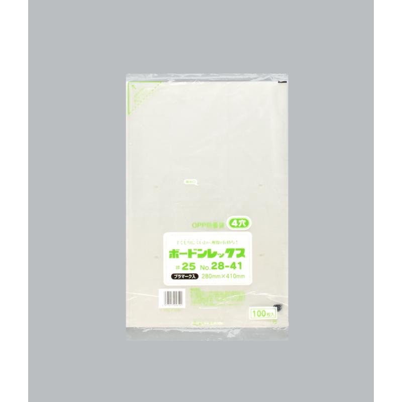 有穴4ヶ、生鮮野菜・青果物・水産練製品等の水分を含んだ食品の包装に最適です。水滴が発生しにくい品質なので、内容物の腐敗が少なく、商品の鮮度を保持します。サイズ：[長辺]×[短辺]410×280mm、厚さ25μ重量：5.2g商品コード00583929メーカー名福助工業サイズ[長辺]×[短辺]410×280mm、[厚さ]25μ重量5.20g関連商品(ケース)ボードンレックス#25 No.28-41 4穴プラ 3000枚・注意事項：モニターの発色によって色が異なって見える場合がございます。・領収書については、楽天お客様マイページから、商品出荷後にお客様自身で印刷して頂きますようお願い申し上げます。・本店では一つの注文に対して、複数の送り先を指定することができません。お手数おかけしますが、注文を分けていただきます様お願い致します。・支払い方法で前払いを指定されて、支払いまで日数が空く場合、商品が廃番もしくは欠品になる恐れがございます。ご了承ください。・注文が重なった場合、発送予定日が遅れる可能性がございます。ご了承ください。・お急ぎの場合はなるべく支払い方法で前払い以外を選択いただきます様お願い致します。支払い時期によっては希望納期に間に合わない場合がございます。