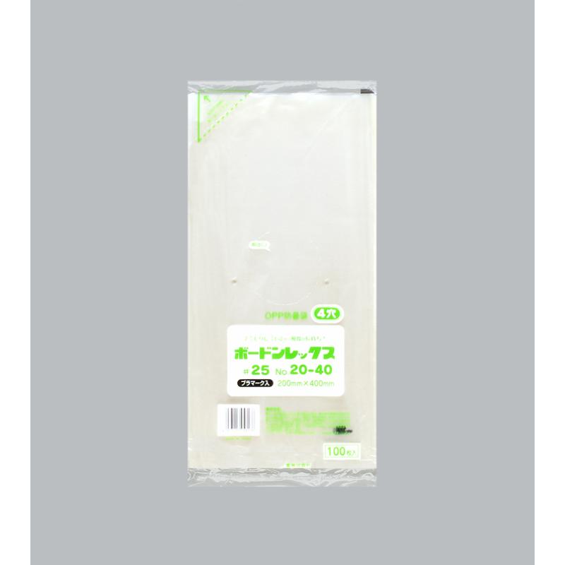 有穴4ヶ、生鮮野菜・青果物・水産練製品等の水分を含んだ食品の包装に最適です。水滴が発生しにくい品質なので、内容物の腐敗が少なく、商品の鮮度を保持します。サイズ：[長辺]×[短辺]400×200mm、厚さ25μ重量：3.6g商品コード00609500メーカー名福助工業サイズ[長辺]×[短辺]400×200mm、[厚さ]25μ重量3.60g関連商品(ケース)ボードンレックス#25 No.20-40 4穴プラ 4000枚・注意事項：モニターの発色によって色が異なって見える場合がございます。・領収書については、楽天お客様マイページから、商品出荷後にお客様自身で印刷して頂きますようお願い申し上げます。・本店では一つの注文に対して、複数の送り先を指定することができません。お手数おかけしますが、注文を分けていただきます様お願い致します。・支払い方法で前払いを指定されて、支払いまで日数が空く場合、商品が廃番もしくは欠品になる恐れがございます。ご了承ください。・注文が重なった場合、発送予定日が遅れる可能性がございます。ご了承ください。・お急ぎの場合はなるべく支払い方法で前払い以外を選択いただきます様お願い致します。支払い時期によっては希望納期に間に合わない場合がございます。