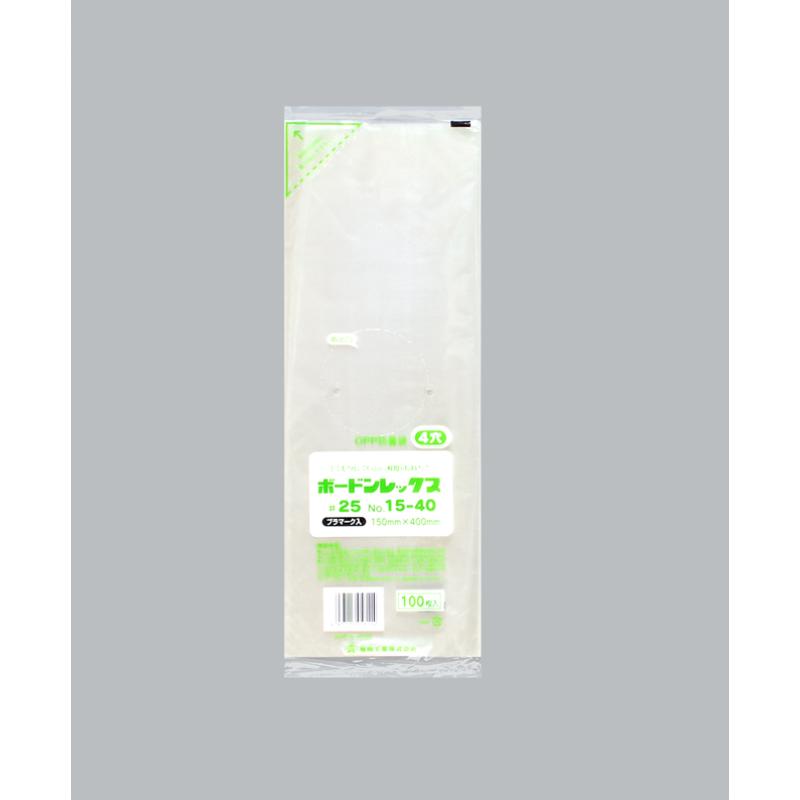有穴4ヶ、生鮮野菜・青果物・水産練製品等の水分を含んだ食品の包装に最適です。水滴が発生しにくい品質なので、内容物の腐敗が少なく、商品の鮮度を保持します。サイズ：[長辺]×[短辺]400×150mm、厚さ25μ重量：2.7g商品コード00754252メーカー名福助工業サイズ[長辺]×[短辺]400×150mm、[厚さ]25μ重量2.70g関連商品(ケース)ボードンレックス#25 No.15-40 4穴プラ 6000枚・注意事項：モニターの発色によって色が異なって見える場合がございます。・領収書については、楽天お客様マイページから、商品出荷後にお客様自身で印刷して頂きますようお願い申し上げます。・本店では一つの注文に対して、複数の送り先を指定することができません。お手数おかけしますが、注文を分けていただきます様お願い致します。・支払い方法で前払いを指定されて、支払いまで日数が空く場合、商品が廃番もしくは欠品になる恐れがございます。ご了承ください。・注文が重なった場合、発送予定日が遅れる可能性がございます。ご了承ください。・お急ぎの場合はなるべく支払い方法で前払い以外を選択いただきます様お願い致します。支払い時期によっては希望納期に間に合わない場合がございます。