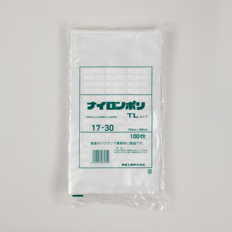-40℃から95℃×30分ボイル殺菌まで対応。衝撃強度・突刺強度・耐寒性に優れます。開封しやすいV型ノッチ加工済。※専用袋が必要な真空機には利用出来ません。対応の商品は、必ずご利用の真空機メーカー等に確認をお願いします。サイズ：300×170mm、[厚み]70μ材質：ONY/L-LDPE/L-LDPE重量：6.9g原産国/製造国：日本耐熱温度：冷凍可、ボイル殺菌95℃30分品番：0714161商品コード00766621メーカー名福助工業サイズ300×170mm、[厚み]70μ材質ONY/L-LDPE/L-LDPE重量6.90g種別本体のみ関連商品(ケース)ナイロンポリ TLタイプ 17-30 1800枚・注意事項：モニターの発色によって色が異なって見える場合がございます。・領収書については、楽天お客様マイページから、商品出荷後にお客様自身で印刷して頂きますようお願い申し上げます。・本店では一つの注文に対して、複数の送り先を指定することができません。お手数おかけしますが、注文を分けていただきます様お願い致します。・支払い方法で前払いを指定されて、支払いまで日数が空く場合、商品が廃番もしくは欠品になる恐れがございます。ご了承ください。・注文が重なった場合、発送予定日が遅れる可能性がございます。ご了承ください。・お急ぎの場合はなるべく支払い方法で前払い以外を選択いただきます様お願い致します。支払い時期によっては希望納期に間に合わない場合がございます。