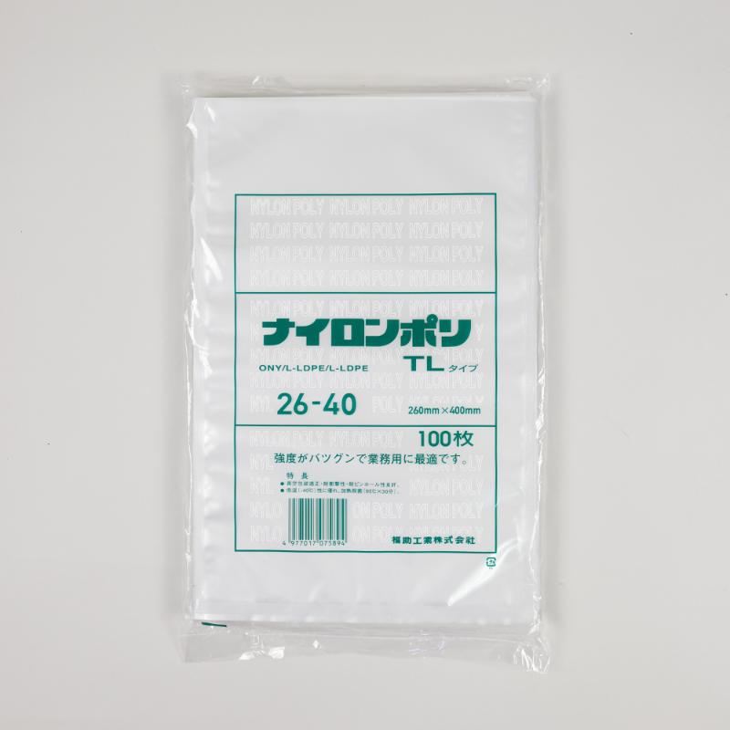 -40℃から95℃×30分ボイル殺菌まで対応。衝撃強度・突刺強度・耐寒性に優れます。開封しやすいV型ノッチ加工済。※専用袋が必要な真空機には利用出来ません。対応の商品は、必ずご利用の真空機メーカー等に確認をお願いします。サイズ：400×260mm、[厚み]70μ材質：ONY/L-LDPE/L-LDPE重量：14.1g原産国/製造国：日本耐熱温度：冷凍可、ボイル殺菌95℃30分品番：0714348商品コード00766638メーカー名福助工業サイズ400×260mm、[厚み]70μ材質ONY/L-LDPE/L-LDPE重量14.10g種別本体のみ関連商品(ケース)ナイロンポリ TLタイプ 26-40 800枚・注意事項：モニターの発色によって色が異なって見える場合がございます。・領収書については、楽天お客様マイページから、商品出荷後にお客様自身で印刷して頂きますようお願い申し上げます。・本店では一つの注文に対して、複数の送り先を指定することができません。お手数おかけしますが、注文を分けていただきます様お願い致します。・支払い方法で前払いを指定されて、支払いまで日数が空く場合、商品が廃番もしくは欠品になる恐れがございます。ご了承ください。・注文が重なった場合、発送予定日が遅れる可能性がございます。ご了承ください。・お急ぎの場合はなるべく支払い方法で前払い以外を選択いただきます様お願い致します。支払い時期によっては希望納期に間に合わない場合がございます。