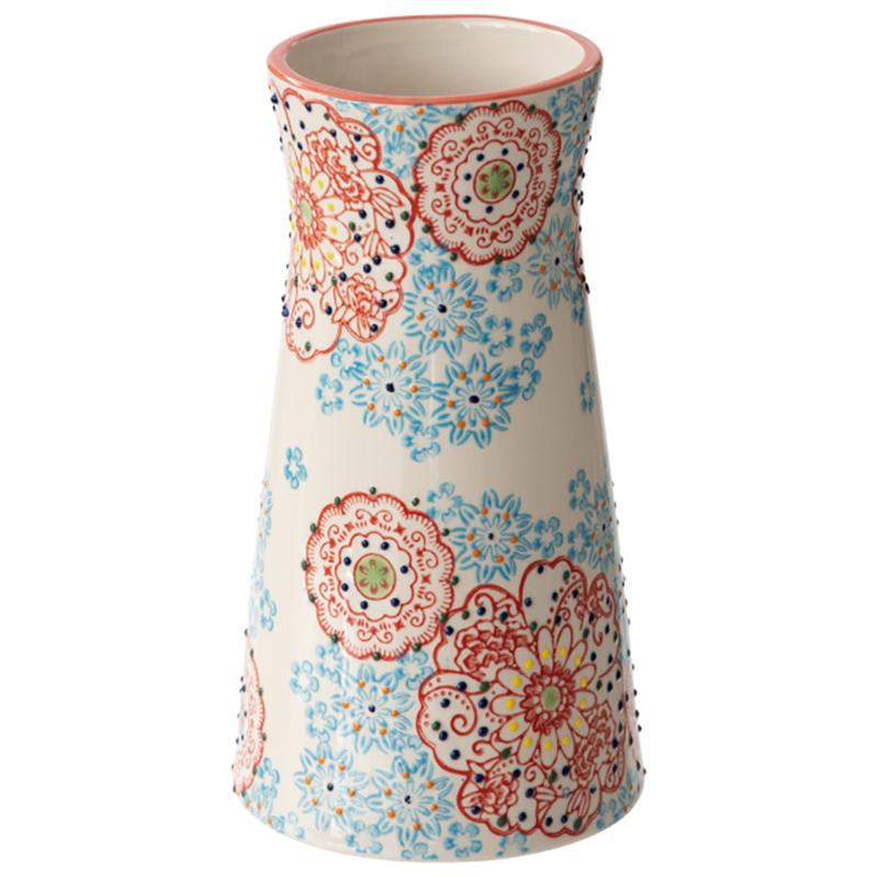 手描き風の細かい花柄が可愛い、陶器のフラワーベース(花瓶)です。ミニブーケや一輪挿しにピッタリでテーブルやキッチンに飾りやすいサイズです。ハンドル付きのパッケージにセットしていますので、そのまま飾って雑貨として販売していただけます。「花を買いたいけど家に花瓶がない」「花を贈りたいけど、花瓶は持ってるかな？」と言うお客さまにも、お花を身近に感じてもらえるアイテムです。オリジナルパッケージ付。手作りの為、多少のサイズ違い・ゆがみ、色ムラが発生する場合がございます。ワレモノの為、お取り扱いにご注意ください。サイズ：直径95(75)×H180mm材質：陶器重量：1.413kg商品コード00829520メーカー名ヘッズサイズ直径95(75)×H180mm材質陶器重量1413.00g・注意事項：モニターの発色によって色が異なって見える場合がございます。・領収書については、楽天お客様マイページから、商品出荷後にお客様自身で印刷して頂きますようお願い申し上げます。・本店では一つの注文に対して、複数の送り先を指定することができません。お手数おかけしますが、注文を分けていただきます様お願い致します。・支払い方法で前払いを指定されて、支払いまで日数が空く場合、商品が廃番もしくは欠品になる恐れがございます。ご了承ください。・注文が重なった場合、発送予定日が遅れる可能性がございます。ご了承ください。・お急ぎの場合はなるべく支払い方法で前払い以外を選択いただきます様お願い致します。支払い時期によっては希望納期に間に合わない場合がございます。