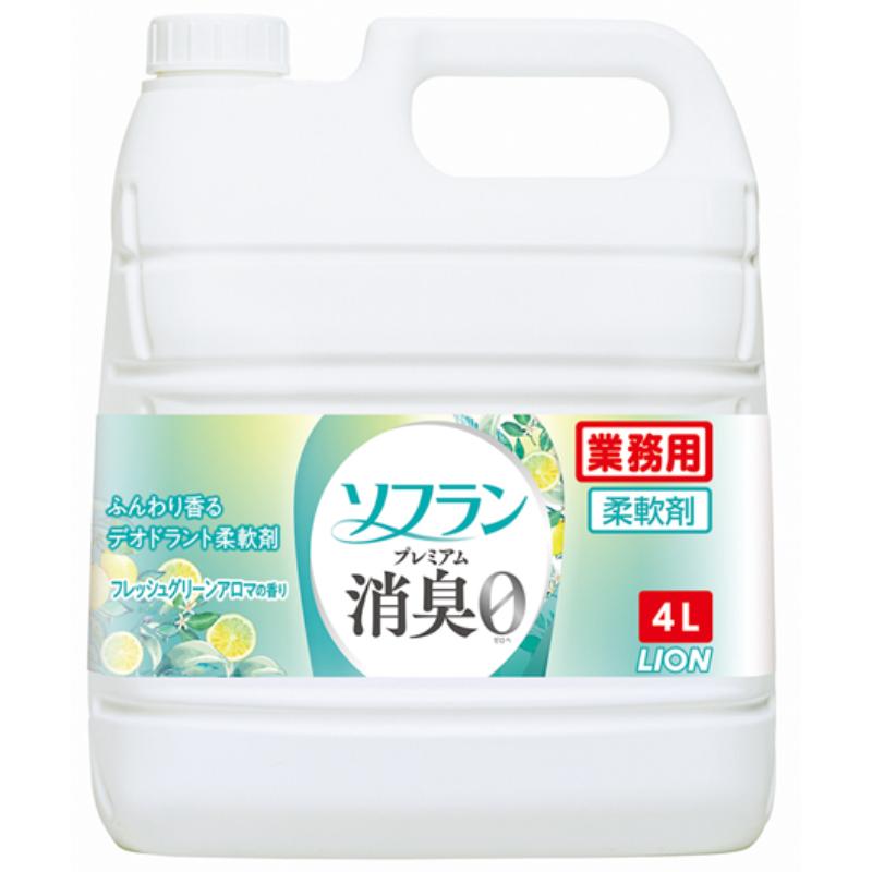 日本唯一の消臭処方(特殊消臭グルカン使用)で、一日中消臭パワーが続く柔軟剤。進化した消臭成分が繊維の奥まで入り込んで、しっかり吸着し、一日中ニオイに反応し汗のニオイ・体臭・加齢臭などを消臭します。乾きが早く、部屋干し抗菌成分配合で、部屋干し時のイヤなニオイを防ぎます。また、植物生まれの柔軟成分が、繊維1本1本まで柔らかく仕上げ、静電気を防ぎ、花粉の付着を防止します。サイズ：204×252×125mm重量：5kg容量：4L商品コード00654622メーカー名ライオンハイジーン重量5000.00g種別本体のみ関連商品(バラ)ソフラン プレミアム消臭 フレッシュグリーンアロマ 1点関連商品(ケース)ソフラン プレミアム消臭 フレッシュグリーンアロマ 3点・注意事項：モニターの発色によって色が異なって見える場合がございます。・領収書については、楽天お客様マイページから、商品出荷後にお客様自身で印刷して頂きますようお願い申し上げます。・本店では一つの注文に対して、複数の送り先を指定することができません。お手数おかけしますが、注文を分けていただきます様お願い致します。・支払い方法で前払いを指定されて、支払いまで日数が空く場合、商品が廃番もしくは欠品になる恐れがございます。ご了承ください。・注文が重なった場合、発送予定日が遅れる可能性がございます。ご了承ください。・お急ぎの場合はなるべく支払い方法で前払い以外を選択いただきます様お願い致します。支払い時期によっては希望納期に間に合わない場合がございます。