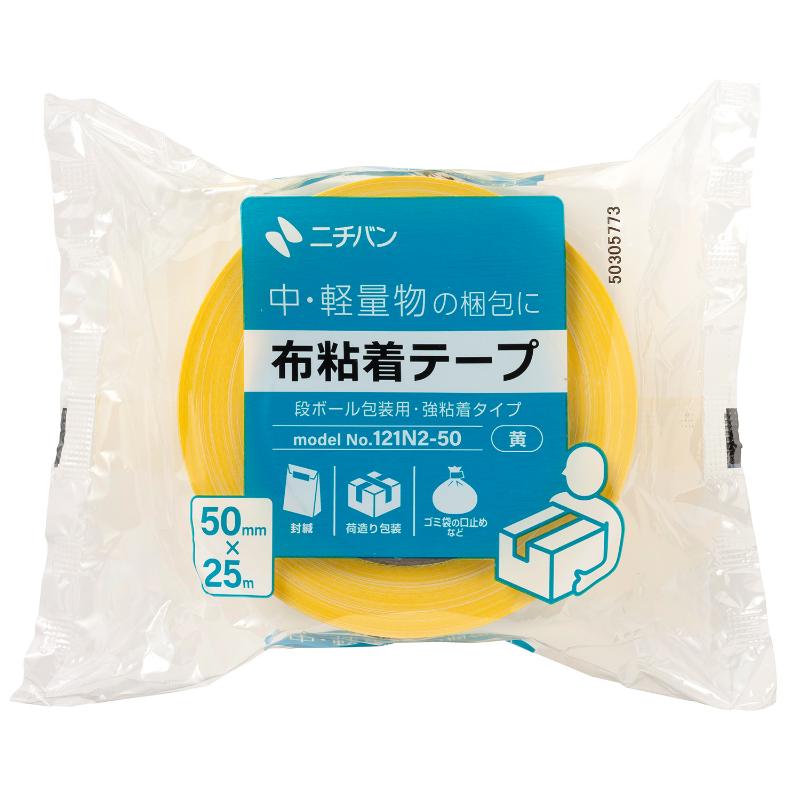 コストパフォーマンスに優れた布粘着テープです。強粘着で抜群の保持力です。サイズ：長さ25m×幅50mm、[巻心]内径76mm材質：ポリラミ(スフ＋PET)原産国／製造国：日本商品コード00802444メーカー名ニチバンサイズ長さ25m×幅50mm、[巻心]内径76mm材質ポリラミ(スフ＋PET)関連商品(バラ)布粘着テープ121N2 黄50×25 1点関連商品(ケース)布粘着テープ121N2 黄50×25 30点・注意事項：モニターの発色によって色が異なって見える場合がございます。・領収書については、楽天お客様マイページから、商品出荷後にお客様自身で印刷して頂きますようお願い申し上げます。・本店では一つの注文に対して、複数の送り先を指定することができません。お手数おかけしますが、注文を分けていただきます様お願い致します。・支払い方法で前払いを指定されて、支払いまで日数が空く場合、商品が廃番もしくは欠品になる恐れがございます。ご了承ください。・注文が重なった場合、発送予定日が遅れる可能性がございます。ご了承ください。・お急ぎの場合はなるべく支払い方法で前払い以外を選択いただきます様お願い致します。支払い時期によっては希望納期に間に合わない場合がございます。