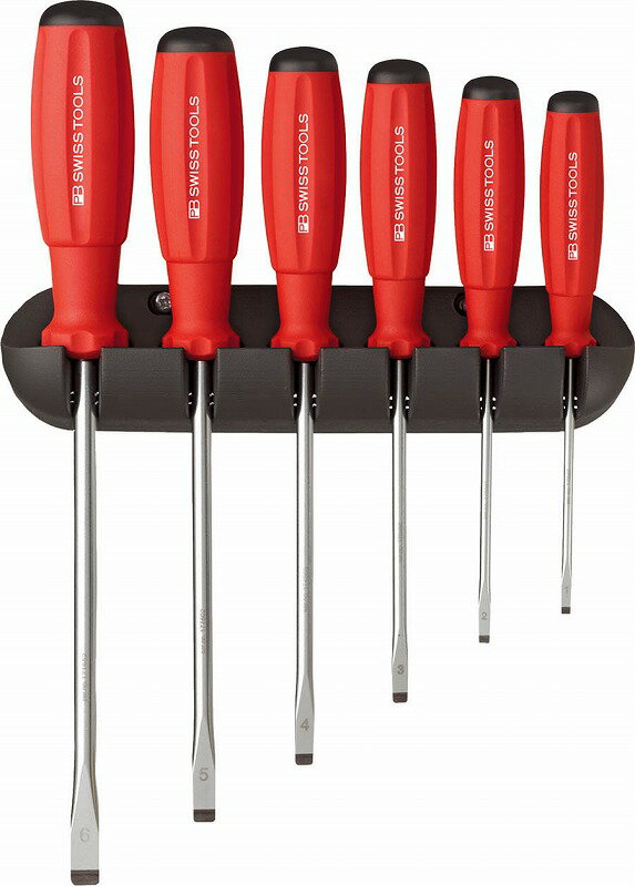 ●スイスグリップはポリプロピレン・サントプレンの2種の新素材からなるハンドルです。 ●ハンドル形状は人間工学的デザインに基づいたマルチクラフトと同型で、厳選された表面素材は人間の手の硬度に近く、従来のPBハンドルの特性が、軟らかく温かみのあるスイスグリップにより更に引き出されています。 ●ハンドル後部にはドライバーの先端形状のシンボルマークとサイズを表示していますので、作業に適したドライバーをすぐに選ぶことができます。 ●特殊な表面構造により、濡れた手で握っても滑りにくく、さらにオイル・ガソリンに耐性があり、汚れてもきれいに落とせます。 セット内容 8100-1-90 8100-2-100 8100-3-120 8100-4-140 8100-5-160 8100-6-180 ●ホルダー付き ●質量(g)：622厳選された素材硬度は人間の手の硬度に近く、また表面の特殊処理により、 濡れた手で使用しても滑らないように改善されています。 このグリップは最高の握り心地を保証します！