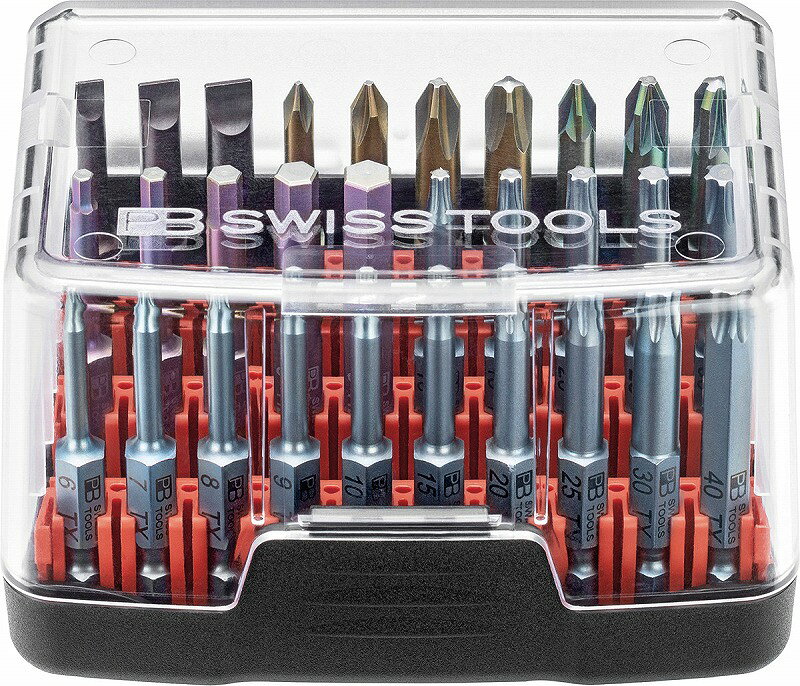 ●質量(g)：388 ●精密ビット、形状E 6.3 (1/4”)、実用的なビットボックス入りセットです。 ●3個のBitBlockに30個のPrecisionBit入りです。 ●工業および手工業での全用途用のプロファイル-ラインナップ、容易にアップグレード可能な長寿命システムを搭載しています。 ●精密な刃先がねじに最適にフィットします。 ●ねじタイプ別カラーコード、適切なビットをその手にスピーディーにします。 ●耐久性と硬度が最適に調和し、長持ちします。 ●無心焼入れ、特殊工具鋼、防錆用のブルーイングまたはプラズマコーティングをしています。 ●堅牢なストックボックス、それぞれ10個のPrecisionBit付きのBitBlock 5個までとビットホルダー用のスペースを提供します。 ●ビットの取り外しが簡単で、側面を押し込んで再び開きます。 ●透明カバーで内容と完全性を素早く概観できます。 セット内容/付属品 マイナス：2・3・4 プラス：＃0・＃1・＃2・＃3 ポジドライブ：PZ0・PZ1・PZ2 トルクス：TX6・TX7・TX8・TX9・TX10・TX15・TX20・TX25・TX30・TX40 （TX10・TX15・TX20・TX25・TX30は各2個） 六角：2.5・3・4・5・6 プラスビット(E6シリーズ) マイナスビット(E6シリーズ) 六角ビット／ボールポイントビット(E6シリーズ)(E6シリーズ) へクスローブビット(E6シリーズ) トルクスプラスビット(E6シリーズ) ポジドライブビット(E6シリーズ) マイナスポジビット(E6シリーズ) ソケットビット(E6.200シリーズ) ビットセット(E6シリーズ) C6のビットシリーズはこちらPBスイスツールのビットは種類・サイズともにバリエーションが豊富です。 ダイヤモンドコーティングは数回使用するだけですぐに表面が磨耗し、その機能を失います。 高品質なビットの最も重要な要素は高い硬度と精度および粘り強さです。 PBスイスツールの精密ビットはこれらの要素をすべて満たしています。 PBスイスツールの精密ビットはあらゆる場面の作業に対応できます。 最高の精度によりネジに吸い付くようにフィットします。