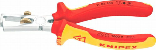 ●ヘッド仕上げ：クロムメッキ ●ハンドル仕様：1000V絶縁(VDE絶縁テスト済み) ●絶縁被覆剥ぎ取りの数値(φmm)：5.0 ●絶縁被覆剥ぎ取りの数値(mm2)：10.0 ●AWG：8 ●全長(mm)：160 ●質量(g)：180 ●材質はオイル焼き入れ焼き戻し処理済みの特殊工具鋼。 ●鍛造により大変頑丈です。 ●DIN EN/IEC60900基準に適合。 ●二種類の素材から成る1000V絶縁ハンドルは赤と黄のツートンカラーを採用することで、非絶縁ツールとの差別化を図っています。 ●ロックナット付きネジを調整する事で、簡単に任意の径でストリッピング(皮むき)することができます。 ●オープンスプリング付きですので、繰り返し作業する際にも口を開く必要がありません。 ●直径5.0mmまで、あるいは断面積が10.0mm2までの単線、複合線、より線のプラスチックやゴム素材の被覆のストリッピング(皮むき)作業に。 絶縁ドライバーはこちら 絶縁スパナはこちら 絶縁メガネレンチはこちら 絶縁ペンチ/ラジオペンチはこちら 絶縁プライヤーはこちら 絶縁ニッパーはこちら 絶縁ウォーターポンププライヤーはこちら 絶縁ケーブルカッターはこちら 絶縁ラチェット＆アダプターはこちら 絶縁ソケットはこちら 絶縁六角ビットソケット/トルクスビットソケットはこちら 絶縁電工ナイフはこちら 絶縁ピンセットはこちら 絶縁工具セットはこちら その他の絶縁工具はこちら ペンチ/ラジオペンチはこちら プライヤーシリーズはこちら ニッパー/カッター/ハサミはこちら スナップリングプライヤーはこちら ウォーターポンププライヤー類はこちら 絶縁ツールはこちら コントロールキャビネットキーはこちら 精密ピンセットはこちら グリッププライヤーはこちら ツールバッグ/ツールポーチ/落下防止ストラップはこちら◆120年以上の永きに渡りプライヤー専門のメーカーとして歩んできた歴史と伝統。 常に既存製品の改良と新製品の開発の両方に注力したクニペックス製品は、全国のユーザーに支持されています。