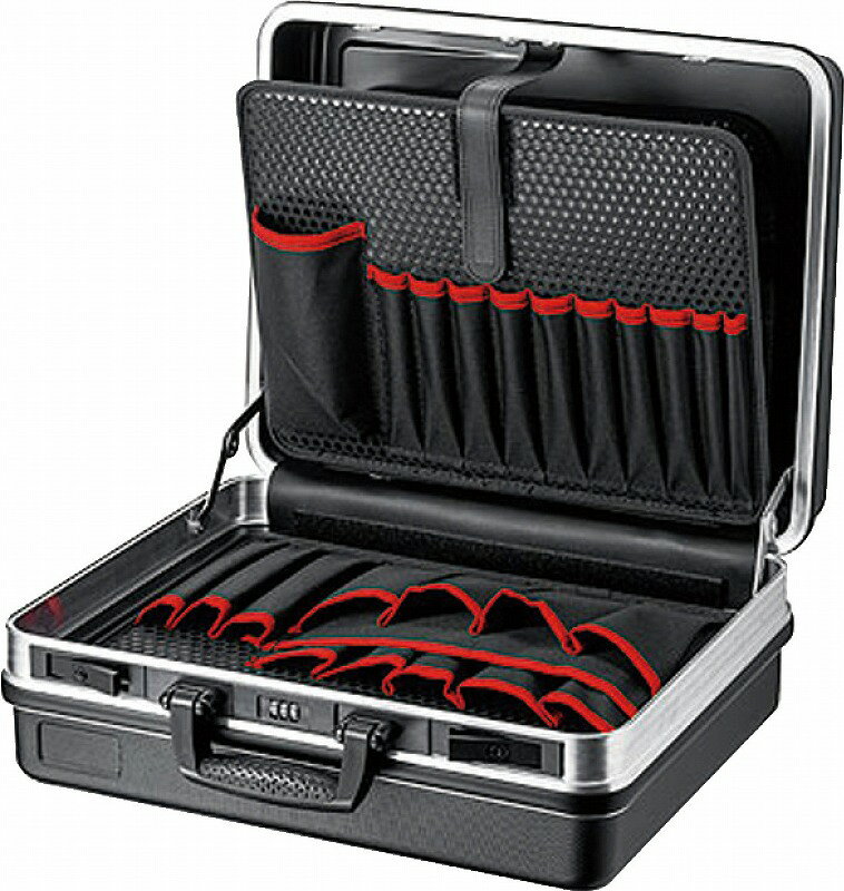●外寸(mm)：W465×H200×D410 ●内寸(mm)：W440×H180×D350 ●耐荷重(kg)：15 ●質量(kg)：4.5 ●ABS素材を用いた耐久性の高いブラックツールケース。 ●3連のダイヤルロックとターンバックル2個でふたを固定。 ●ふたの中に取り外し可能なツールパネルが1枚ついており、ふた側には9つのツールポケットと柔軟性のあるループ1個、底側には10個の細いツールポケットと大きなツールポケット1個が付いています。 ●高さ50mm のベーストレイはインサートによってさらに分割できます。 ●カバープレートには12個の大きなツールポケットと1個の薄いポケットがあり、押しボタンで固定できます。 ※工具類は付属しません。ツールバッグ/ツールポーチ/落下防止ストラップはこちら ペンチ/ラジオペンチはこちら プライヤーシリーズはこちら ニッパー/カッター/ハサミはこちら スナップリングプライヤーはこちら ウォーターポンププライヤー類はこちら 絶縁ツールはこちら コントロールキャビネットキーはこちら 精密ピンセットはこちら グリッププライヤーはこちら　