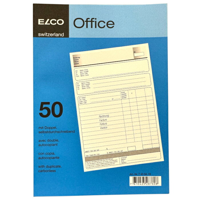 ※こちらの商品は【4個まで】はメール便発送可能です【ELCO】 Office Pad 50sh 4-functions 7459419 【エルコ】 請求書 65g/m2　50シート A5(74594-19) □鮮やかな色彩とシンプルなデザインが魅力！ □A5サイズの他にA6サイズもございます。 □内容一覧です。 □seetal elcoはスイスの紙製品のブランドです。 【商品スペック】 ■サイズ内寸 ■紙厚 ■入数■仕様 W148×H210mm 60g/m2 50シートA5ホワイト複写（カーボンレス）タイプ 請求書