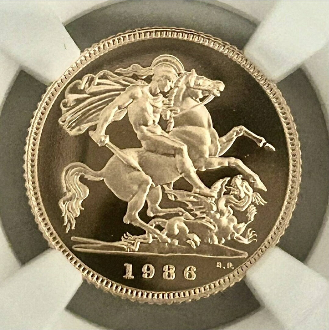 1986年 英国 1/2ソブリン 金貨 プルーフ エリザベス2世 NGC PF69UC 準最高鑑定 ULTRA CAMEO 金 アンティークコイン 金貨 コイン ハーフソブリン イギリス エリザベス女王 ジョージの竜退治 22金 91.7％ 3.99g