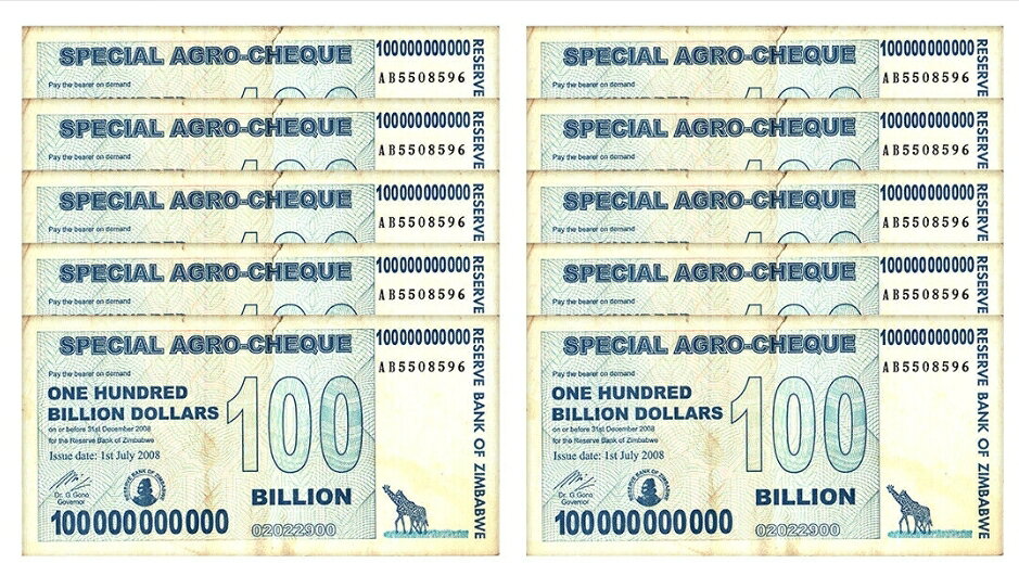  ジンバブエドル 1000億ドル 10枚 スペシャルアグロチェック ジンバブエ紙幣 鑑定済 本物紙幣の保証 2008年 AA AB番号 保証書付