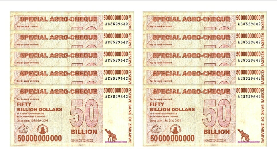  ジンバブエドル 500億ドル スペシャルアグロチェック 10枚 ジンバブエ紙幣 鑑定済 本物紙幣の保証 保証書付