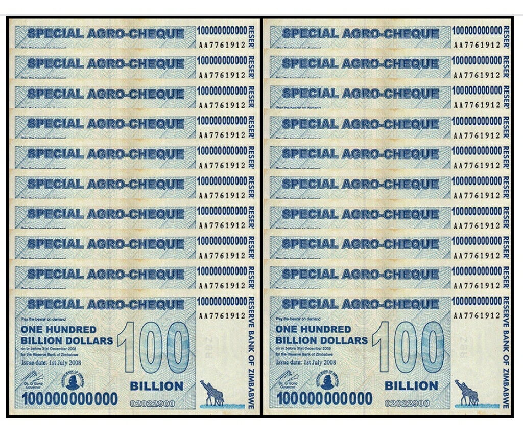 【即日発送 保証書付き】 ジンバブエドル 1,000憶ドル 20枚 スペシャルアグロチェック ジンバブエ紙幣 外貨 本物紙幣の保証