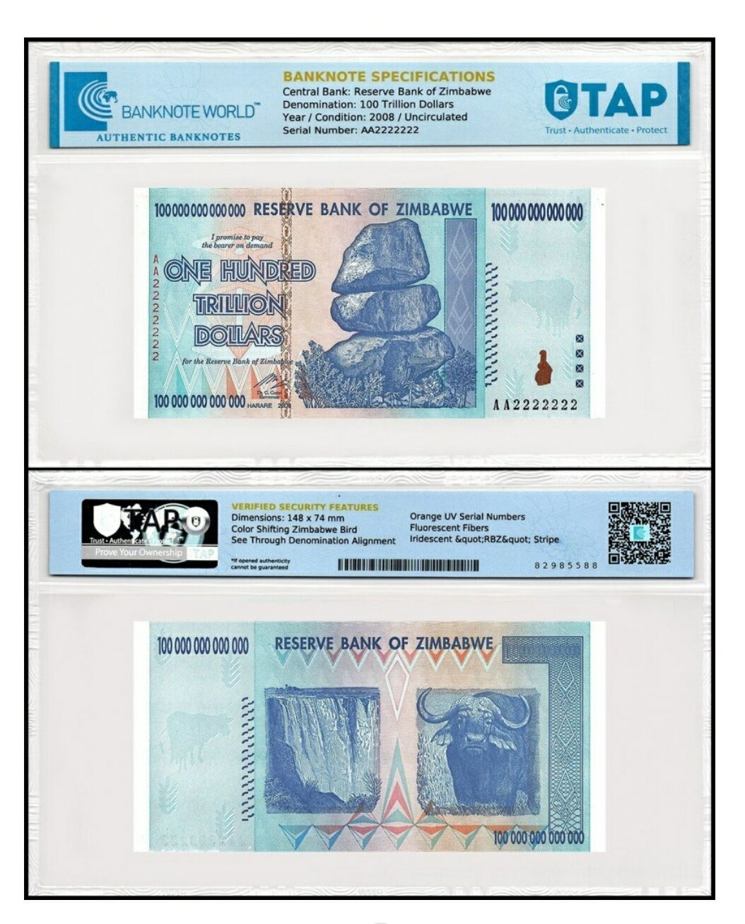 【TAP 鑑定認証済み】 ジンバブエドル 100兆ドル 1枚 ジンバブエ ドル ジンバブエ紙幣 未使用新札 外貨 2008年 AA番号 本物紙幣の保証