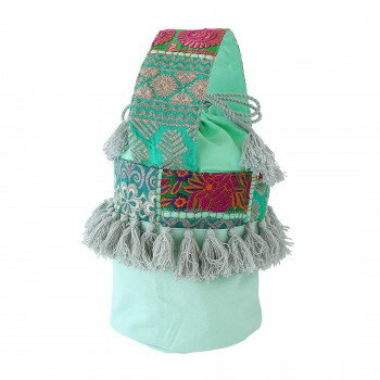 カンバティアパッチ　バケツバッグ　ミントグリーン 13121795042 インドの古布にフリンジ、装飾が贅沢..