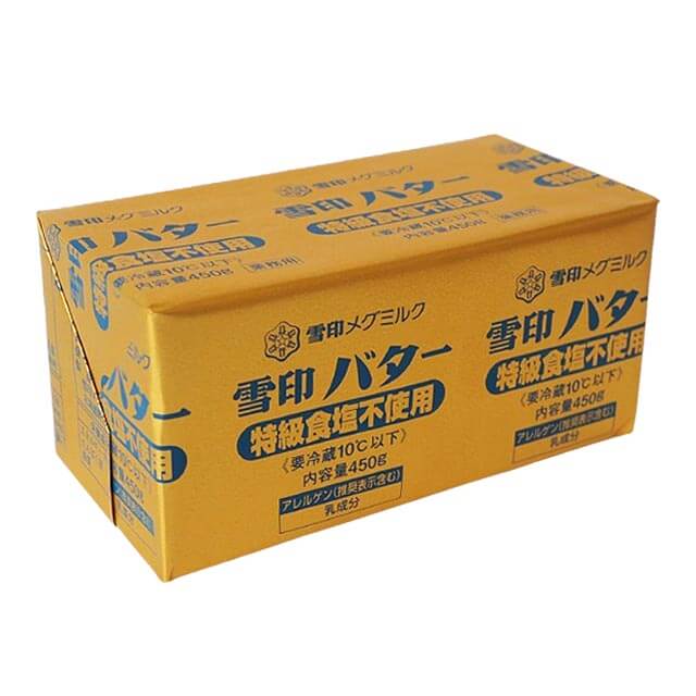 低水分タイプの無塩バターで、ショートニング性が必要な製菓・製パンにおすすめです。 ■種類別:バター ■原材料名:生乳(国産) ■内容量:450g ■賞味期限:商品パッケージに記載 ■保存方法:要冷蔵10℃以下 ■製造者:雪印メグミルク株式会社 別海工場（北海道野付郡別海町別海鶴舞町8番地） ■栄養成分表示（100g当たり）雪印メグミルク(株)調べ エネルギー:770kcal　たんぱく質:0.5g　脂質:85.2g　炭水化物:0.2g　ナトリウム:4〜15mg（食塩相当量:0.01〜0.04g） ■配送形態:冷蔵 ※常温便・冷蔵便・冷凍便、複数ご注文の場合、品質上問題のないものは、冷蔵便、冷凍便の商品を優先に同一梱包にさせて頂きます。 ■その他の情報 ※在庫切れの場合は、お届けまでにお時間をいただくことがあります。 ※商品パッケージや仕様は予告なく変更になる場合がございます。食品表示情報につきましては、お手元に届きました商品の食品表示を必ずご確認いただきますようお願いします。