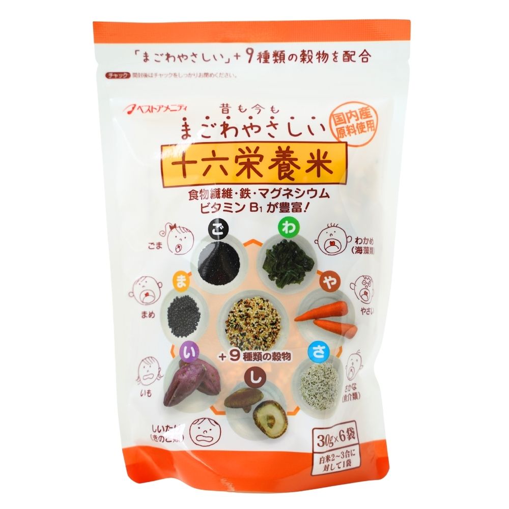 国内産原料使用。食物繊維・鉄・マグネシウム・ビタミンB1が豊富！ 「まごわやさしい」とは、食生活に役立つ食材の頭文字を組み合わせた言葉で、この商品はこれらの食材と穀物をおいしくブレンドした雑穀米です。 ごはんを炊く時に1袋を入れるだけで、豆や野菜、きのこ類など、おいしく16種類の食材を一度に摂取でき、現代の日本人に不足している栄養をバランスよくとることができます。 炊き上がりは彩り鮮やかで風味がよく、おにぎりにもおすすめです。また、調味料を加えて炊き込みごはんなど、さまざまなアレンジが楽しめます。 【お召し上がり方】 洗った白米2〜3合に対して1小袋を加えて軽くまぜ、水をいつもと同じ分量入れて炊いてください。お好みにより分量を加減してください。 ※雑穀は洗わずにそのままお使いください。 ■名称:穀物加工品 ■原材料名:もち玄米(国産)、はだか麦、発芽玄米、もち麦、もち黒米、黒大豆(黒千石100%)、ちりめんじゃこ、にんじん、さつまいも、もちきび、ハトムギ、もちあわ、とうもろこし、乾燥わかめ、干ししいたけ、黒ごま ■内容量:180g(30g×6袋) ■賞味期限:商品パッケージに記載 ■保存方法:直射日光・高温多湿を避けて保存 ■販売者:ベストアメニティ株式会社(福岡県久留米市三潴町田川32-3) ■製造者:株式会社ベストアメニティファクトリー(福岡県久留米市三潴町高三潴738番地4) ■栄養成分表示（1小袋(30g)当たり） エネルギー:110kcal　たんぱく質:4.0g　脂質:1.6g　炭水化物:19.8g (糖質:16.8g 　食物繊維:3.0g)　食塩相当量:0.2g　鉄:0.7mg　マグネシウム:42.0mg　銅:0.12mg　ビタミンB1:0.12mg　ビタミンB6:0.08mg ■配送形態:常温 ※常温便・冷蔵便・冷凍便、複数ご注文の場合、品質上問題のないものは、冷蔵便、冷凍便の商品を優先に同一梱包にさせて頂きます。 ■使用上の注意 ※雑穀が炊飯器のふたに付着したり蒸気口につまる場合がありますので十分にご注意ください。 ※必ず加熱してからお召し上がりください。 ※品質保持のため、小袋内に「窒素ガス」を充てんしています。小袋開封後はお早めにお召し上がりください。 ※遺伝子組換え大豆・とうもろこしは一切使用していません。 ※黒千石・ハトムギ・とうもろこしは食べやすくするため、ひきわりにしています。 ※収穫時期により色、味、食感にばらつきが生じますが、品質に問題ありません。 ■その他の情報 ※在庫切れの場合は、お届けまでにお時間をいただくことがあります。 ※商品パッケージや仕様は予告なく変更になる場合がございます。食品表示情報につきましては、お手元に届きました商品の食品表示を必ずご確認いただきますようお願いします。