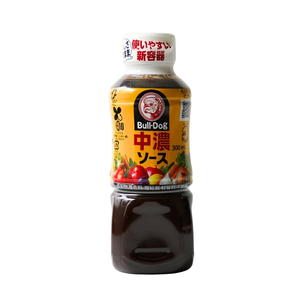 野菜・果実の旨味にスパイシーさとマイルドさを兼ね備え、フライにかけても隠し味にも使える万能ソース ウスターソースのピリッとした風味、とんかつソースのマイルドな味わい、この2つのソースの持ち味が活きています。 添加物（着色料・増粘剤・甘味料）不使用。 ■名称:中濃ソース ■原材料名:野菜・果実(トマト(輸入)、プルーン、りんご、レモン、にんじん、たまねぎ)、醸造酢、砂糖類(ぶどう糖果糖液糖、砂糖)、食塩、澱粉、酵母エキス(大豆を含む)、香辛料 ■内容量:300ml ■賞味期限:商品パッケージに記載 ■保存方法:直射日光を避け、常温で保存 ■製造者:ブルドックソース株式会社(東京都中央区日本橋兜町11-5) ■製造所:群馬県館林市大新田町61-5 ■栄養成分表示（大さじ1杯 15ml(約18g)あたり） 熱量:24kcal　たんぱく質:0.1g　脂質:0g (飽和脂肪酸0g)　炭水化物:5.7g (糖質:5.6g　食物繊維:0.1g)　食塩相当量:1.0g ■配送形態:常温 ※常温便・冷蔵便・冷凍便、複数ご注文の場合、品質上問題のないものは、冷蔵便、冷凍便の商品を優先に同一梱包にさせて頂きます。 ■使用上の注意 ※キャップを押さえよく振ってください。 ※開栓後はキャップをしっかり閉めて冷蔵庫に保管し、早めにお使いください。 ※色が変化する場合がありますが品質には問題ございません。 ■その他の情報 ※在庫切れの場合は、お届けまでにお時間をいただくことがあります。 ※商品パッケージや仕様は予告なく変更になる場合がございます。食品表示情報につきましては、お手元に届きました商品の食品表示を必ずご確認いただきますようお願いします。
