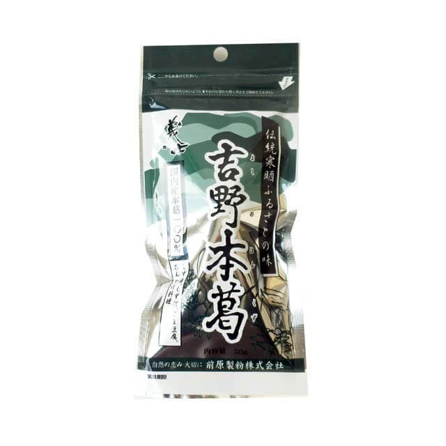 商品特長 国内産本葛100％。本品は秋の七草の一つ、自生の「葛」の根より採取し、清水で寒晒した古来の自然食品です。くず湯、くず餅、ごま豆腐、あんかけ料理、片栗粉の代わり、吸いもの（葛のっぺ）などにどうぞ。 仕様 ■名称：本葛 ■原材料名：葛粉(国内産) ■内容量：50g ■賞味期限：商品パッケージに記載 ■保存方法：直射日光、高温、多湿を避けて保存して下さい。 ■加工者：前原製粉株式会社(〒671-2221兵庫県姫路市青山北3丁目10番1号) 栄養成分表示（製品一袋あたり） エネルギー：174kcal　たんぱく質：0.1g　脂質：0.1g　炭水化物：42.8g　食塩相当量：0.0g 配送形態 常温 【異なる温度帯の商品をご注文頂いた場合】 ※常温便・冷蔵便・冷凍便、複数ご注文の場合、品質上問題のないものは、冷蔵便、冷凍便の商品を優先に同一梱包にさせて頂きます。 在庫区分 在庫商品 ※在庫切れの場合は、お届けまでにお時間をいただくことがあります。 使用上の注意 ※開封後は空気を抜いてチャックを閉じ、賞味期限内に使い切ってください。 その他の情報 ※商品パッケージや仕様は予告なく変更になる場合がございます。食品表示情報につきましては、お手元に届きました商品の食品表示を必ずご確認いただきますようお願いします。