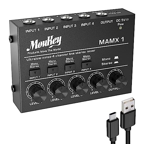 Moukey オーディオミキサー 4チャンネル usb DC 5V超低ノイズ サブミキシング用 ラインミキサー 小型ミ..
