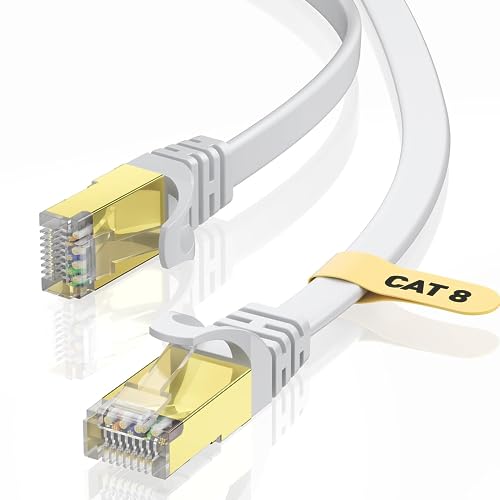 BUSOHE LANケーブル 15M Cat 8 フラットケーブル 40Gbps 2000MHz RJ45 コネクタ付き ギガビット 高速 イーサネットケーブル 金メッキ 爪折れ防止 カテゴリー8 家庭用 業務用 PS4/5 Xbox アクセスポイント等に適用います ランケーブル(ホワイト)