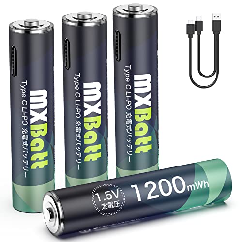 商品情報商品の説明主な仕様 【大容量単4充電電池】MXBatt AAAリチウム電池は、NiMH、一次電池、乾電池の代わりに使用できる新しいタイプのバッテリーです。 電圧は1.5 Vで、非常に安定しており、電気機器に害を及ぼすことはない。単4形リチウム電池が4個入っていて、複数回電池を購入するという面倒を避ける。br【多重保護回路、より安全に使用】当社の電池は放電の時に過放電防止、充電の時に過充電防止機能しているのでご安心利用できます。同梱されている充電ケーブルは、USB Type-C端子が二股に別れているので同時に2本の充電が可能です。br【経済性、環境保護性】単4電池は1500回の充電を繰り返し使うことができます。（注：使用しないときはバッテリーを完全に充電し、1か月ごとに充電してください）リチウム充電池はHg / Cd / Pbなどの有毒な重金属要素を含んでいないので、環境には何の汚染もありません。 現時点で最も理想的な充電式バッテリーです。br【幅広い設備に適用できる】懐中電灯、目覚まし時計、子供用おもちゃ、四駆車、デジタルカメラ、LEDライト、シェーバー、美容器具、電動歯ブラシ、CDプレーヤー、リモコン、金属探知機、PDAハンドヘルド、ポケットベルなど、各種小型家電制品に適しています。また-20度~55度の環境下でも正常に使用できる。br【安心保証】弊社は、お客様に最高のショッピング体験を提供していきたいと考えています。 ご使用中に電池に関するご質問がある場合は、お気軽に当社にご連絡ください。30日間の無条件へんきんできます。初期不良などのトラブルの場合、交換・再送などを無料で手配します。