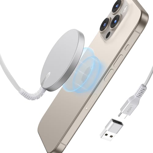 ESR HaloLock ミニワイヤレス充電器 MagSafe充電器 マグネット式 iPhone15/15Plus/15Pro/15Pro MaxとiPhone14/13/12シリーズ対応 急速充電 強力磁気吸着 強化編組ナイロンケーブル シルバー