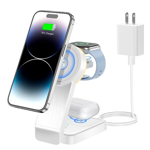 商品情報商品の説明主な仕様 【3 in 1 MagSafeワイヤレス充電器】iphone、AirPods、Apple Watchを同時にワイヤレス充電でき、一台三役でお使い勝手が良いです。水平に置いた時にもGoogle、Sony、LG、Samsungなどの機種に対応できます。更に、頻繁にコネクタを抜き差し必要がなく、置くだけで充電可能になり、家庭も仕事も 適しています。（※スマホを磁力吸着するために、スタンドとして使用する前に、MagSafe以外の他のスマホケースを取り外して下さい。）br【折り畳み式＆スタンドとして使用できる】 本製品は最新の三段式折りたたみデザインを採用して、簡単にカバンや化粧バッグとかに収納できます。オフィスや自宅だけでなく、出張や旅行の際に、持ち運びは大変便利となります。また、本製品をスマホスタンドとして使うとき、スマホはMagSafe機能の必要があります。（ご注意：スタンドとして使うとき、マグネット機能以外のワイヤレス充電スマホにMag-Safeケースを装着する必要があります。）br【3つの充電点灯モード＆LEDスイッチ付き】調節可能な暖色ライト&LEDスイッチ：本製品は雰囲気ライトとして使用できるナイトライトを搭載しており、明るさが調節できるので、枕の元に置いて充電しても睡眠に邪魔しません。ライトモードは、強い光、弱い光、点滅に分かれており、自由に調整できます。また、LEDスイッチが付いて、常に点灯するタイプより、充電スタンドのライトは消せることができます。br【多種保護機能】 ADADPUのMagSafe充電器はお客様のスマホバッテリーの寿命を延ばすために、過電圧保護、過電流保護、異物検知や高温制御等安全保護機能を搭載しており、スマホの電量によって適の充電電流を送って、充電時の発熱が緩やかになり、温度が高すぎると、電源が自動にオフになれ、過充電等の心配が必要なく、バッテリー寿命を損なうこともなく安心して勉強したり寝たりできます。br【パッケージ内容】 3 in 1 Mag-Safe充電器本体*1、18W Quick Charge3.0アダプター*1、USB-A to Type-Cケーブル*1、日本語取扱説明書*