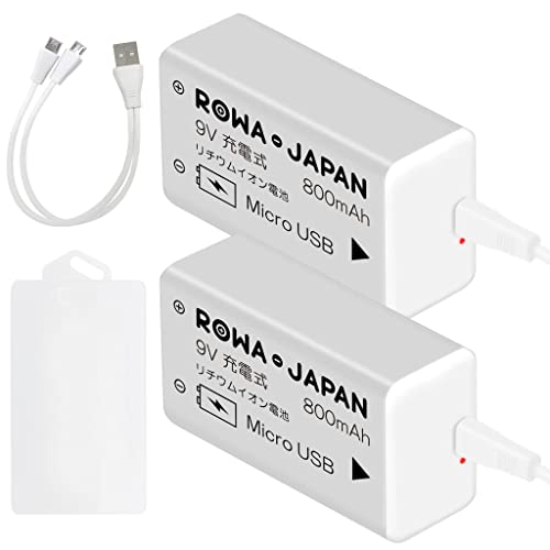 【micro USB】9V 充電池 2本入 800mAh 006P型 6F22 角形 充電式 電池 リチウムイオン USB二股ケーブル 電池ケース付き【ロワジャパン】