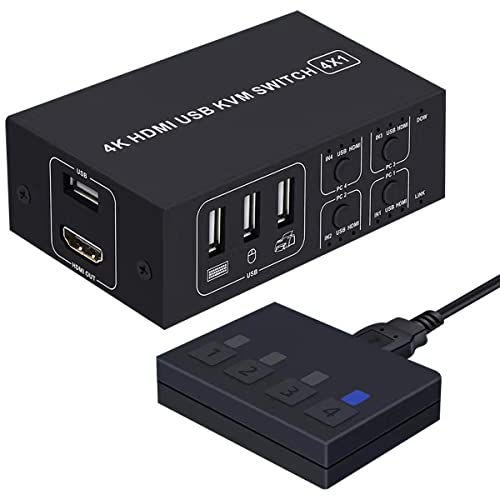 kvmスイッチ hdmi 4K kvm スイッチ HDMI切替器 4ポート（PC4台用）Ultra HD 4K 60Hz HDMI2.0 HDCP2.2 3D/HDRスプリンター USB2.0 USBキーボード/マウス共有 USBメモリ/プリンター/外付けハードディスク対応 外付けスイッチ付き電源不要 (KVM スイッチ4ポート)