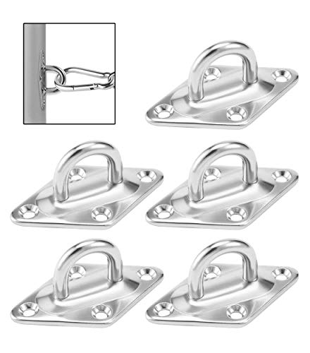 商品情報商品の説明主な仕様 ★【使用荷重】：M5パッドアイの最大使用荷重は120KGです。br★【材質】：パッドアイの材質はSUS304ステンレスです。頑丈で耐久性があり、耐腐食性、耐錆性に優れています。 表面は滑らかでバリがない。 アウトドアや普段使いに最適です。br★【応用】：ハンモック、サンシェード、ドアラッチ、ガレージ、タープ、空中ヨガ、ロッカーフック、引き出しフック、マリンボート、外壁用金具。ワイヤー、ロープ、チェーンの端末金具として。br★【取り付け】：外壁、コンクリートの天井、木製の天井、レンガの壁、コンクリートの壁、引き出し、木の門にインストールできます。br★【附属品】：M5パッドアイ5個、ネジセット24組（実際に20組使う）。 あらゆるシェードセイルに必須の取り付けアクセサリー。