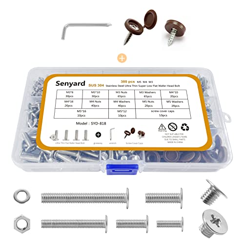 380本入 超低頭 小ねじ セット (ナット ・ ワッシャー 付) M5 M4 M3 ネジ SUS304 ステンレス ねじ(レンチ ネジカバー 収納ケース付き) 錆びない ボルトナットセット 十字穴付き 低頭ボルト 平頭ねじ 平頭ボルト 超極低頭小ねじ