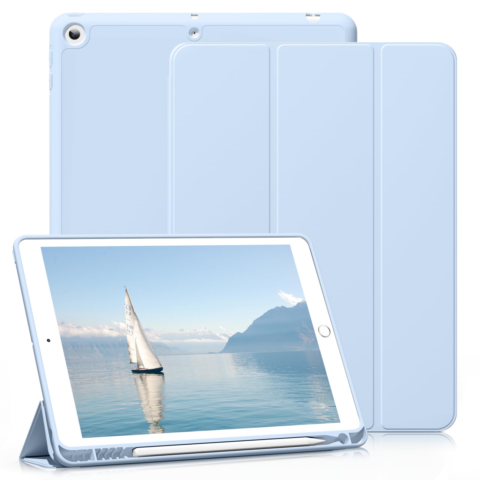 KenKe 新型 iPad 第9世代 ケース 10.2 インチ (2021/2020/2019モデル) 軽量 柔らかいシリコン TPU材質ペン 収納 iPad9 / 8 / 7 カバー 3段階折り畳み可 スタンド マグネット付き 自動スリープ機能 iPad 第8/7世代 (アイスブルー)