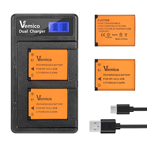 Vemico NP-45/Li-40BХåƥ꡼Ŵ糧å 2ĸߴХåƥ꡼ 950mAh*2 бFujifilm NP-45/45A/45B/45S/Fujifilm FinePix XP20/XP22/XP30/XP50/XP60/XP70/XP80/XP90/XP130/XP140 T350/T360/T400/T500/T510/T550/T560/JX500/JX520